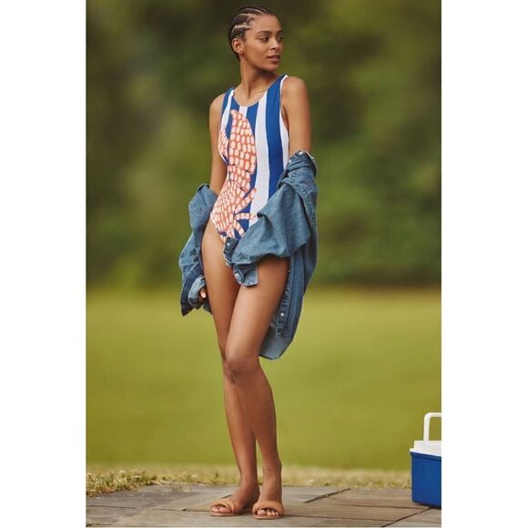 NEW Anthropologie Farm Rio Mixed Lobsters Striped One-Piece Swimsuit X-Small - Picture 1 of 6